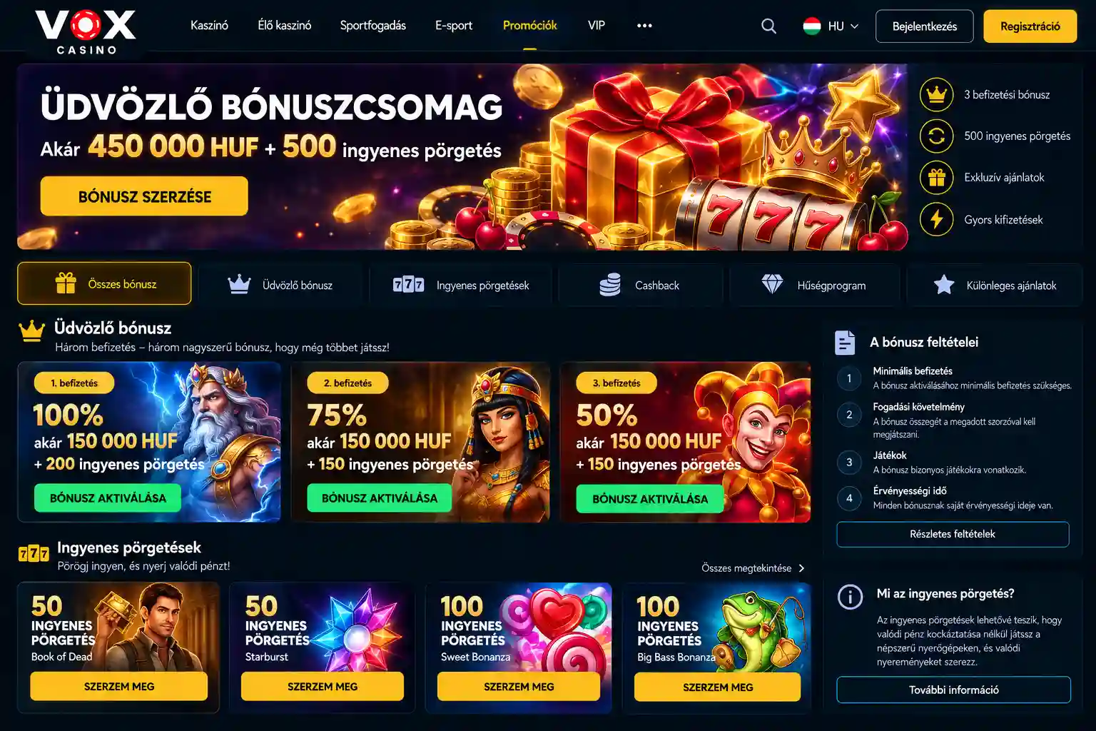 Vox Casino bónuszok oldal