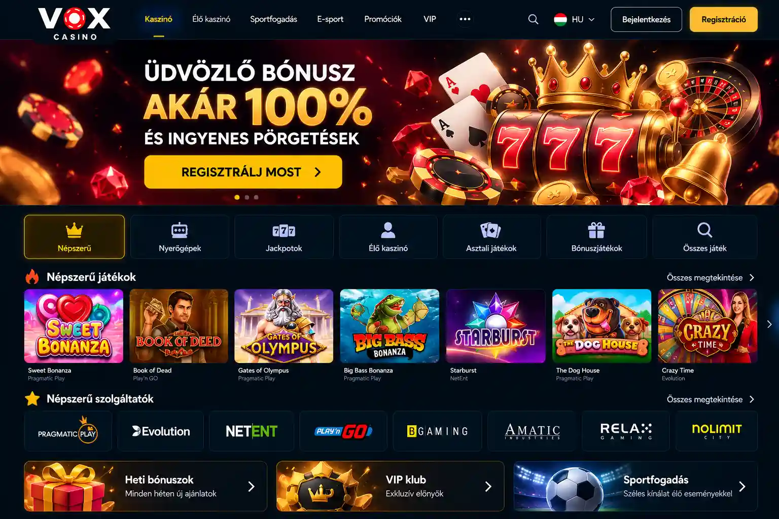 Vox Casino főoldal képernyőképe