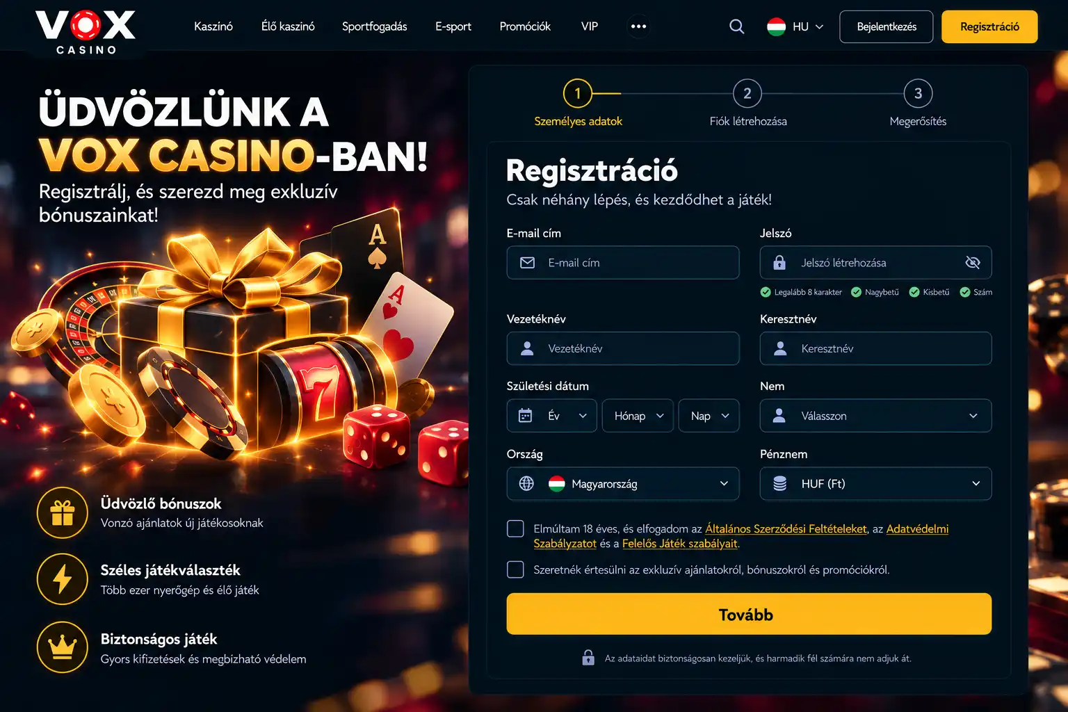 Vox Casino regisztrációs oldal