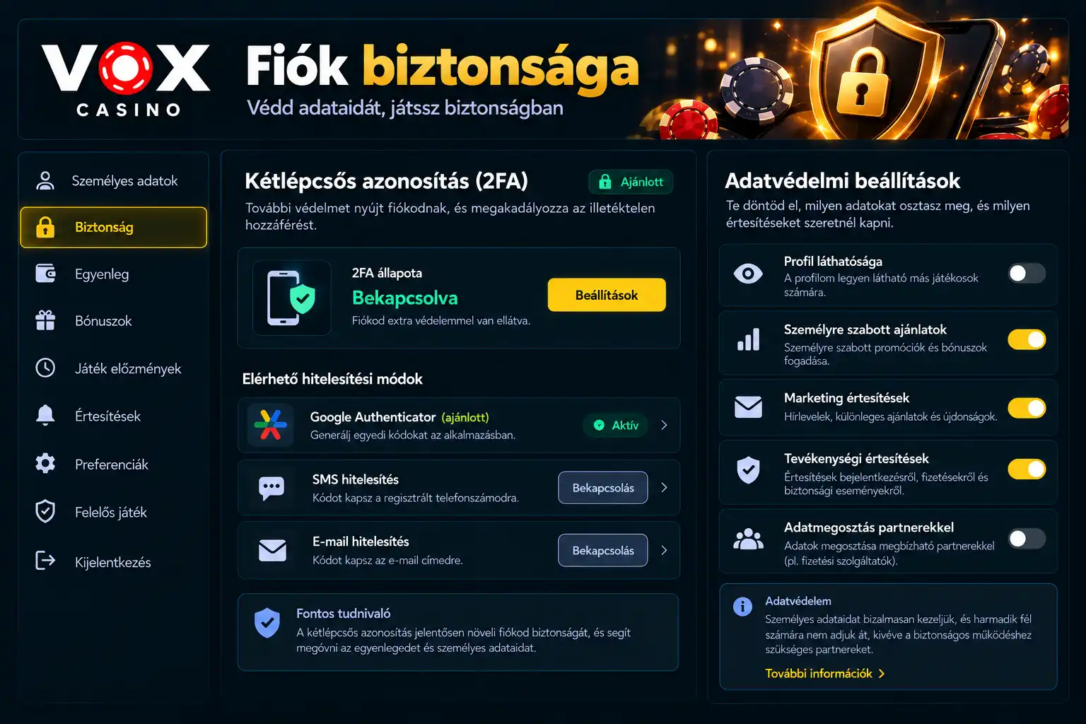 Vox Casino biztonsági beállítások